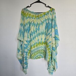Marianne Retro Oversize Sheer Batwing Blouse Blue Green Geo Print Size Medium